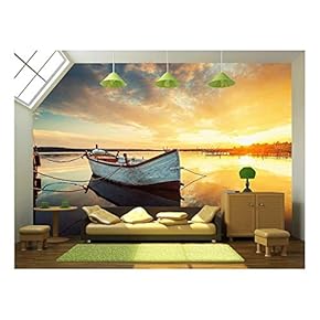 Boat on Lake with a Reflection in The Water at Sunset - Removable Wall Mural | Self-Adhesive Large Wallpaper - 66x96 inches