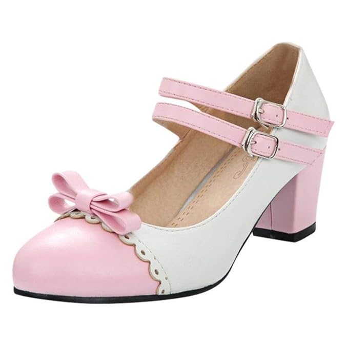 Damen Blockabsatz High Heels Riemchen Pumps mit Schleife Lolita Cosplay Rockabilly Schuhe