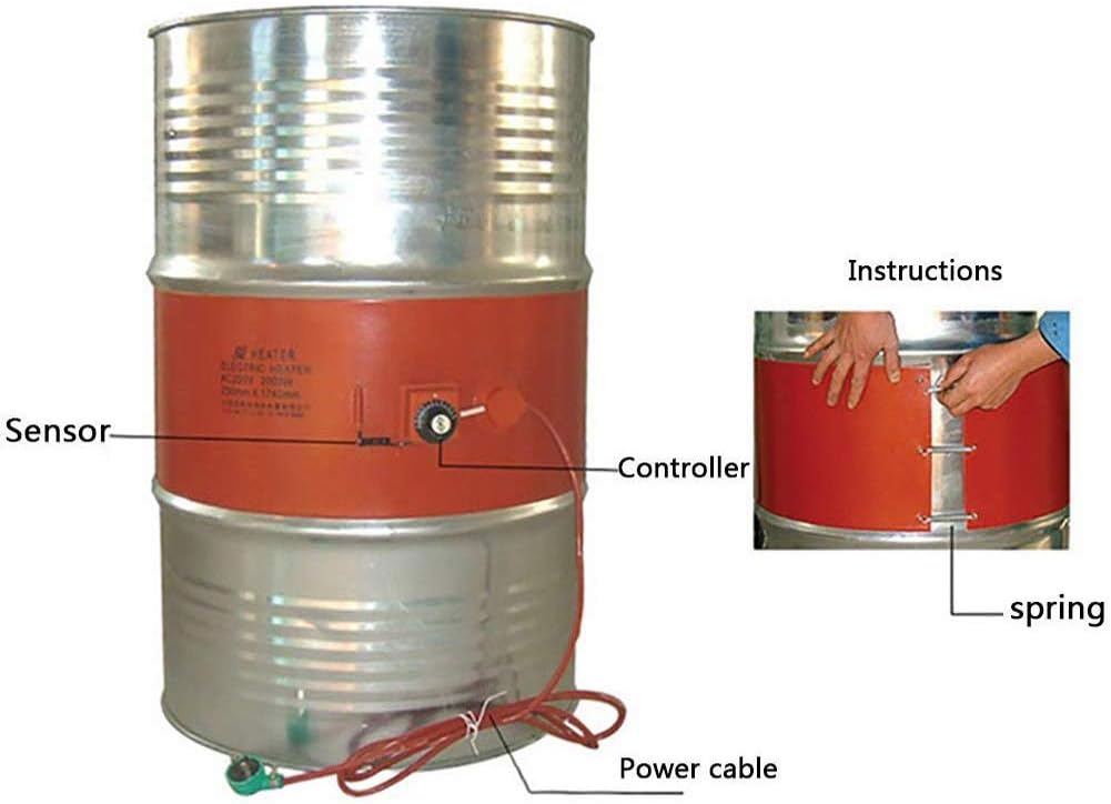 MYLW Silicone Rubber Drum Antifreeze Heater Insulated Plastic Barrel Heating Belt with Adjustable Rotary Thermostat,Fits 53-Gallon Drums, for heating and heat tracing 9.8″ x 68.5″/3000W, 220V