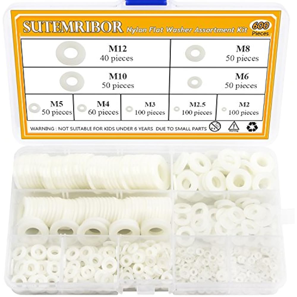Nylon Flat Washer Assortment Set 600 Pcs, 9 Sizes M2 M2.5 M3 M4 M5 M6