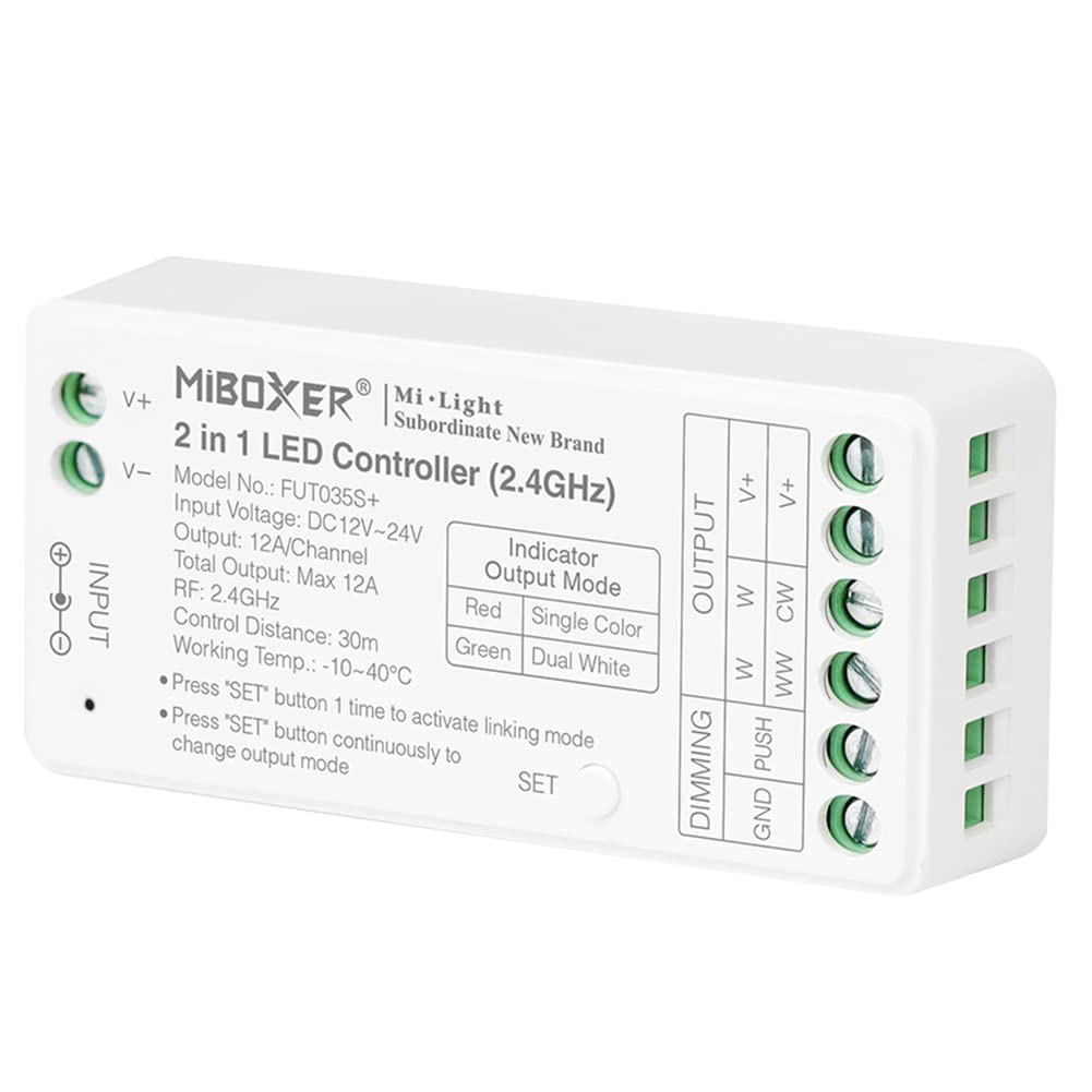 LGIDTECH FUT035S+ Miboxer 2 in 1 LED Strip Controller 2.4GHz,Work with Single Color & CCT Dual White LED Strip Light,Comatible with Alexa Google Home via WL-Box1 Gateway(Excluded)