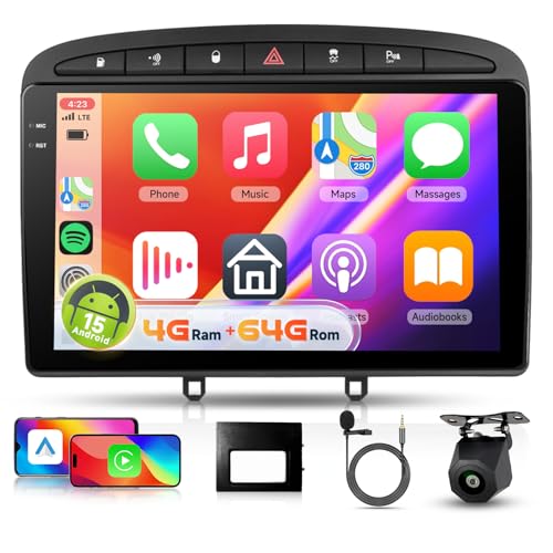【4+64G】 Hodozzy Carplay Car Radio for Peugeot 308/408 2007-2015, 9 Inch In-Cell Screen Android Car Radio with Bluetooth 5.0/Android Auto/WiFi/GPS/RDS/FM/USB/DSP+Reversing Camera