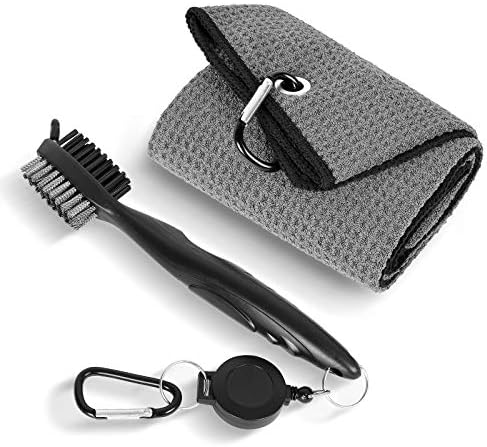 Golf Towel for Golf Bags with Clip,Waffle Pattern Tri-fold Microfiber Towel with Cleaning Brush Retractable Extension Cord,Golf Gifts for Men Women Kids (Grey Towel+Black Brush, 16″ x 24″)