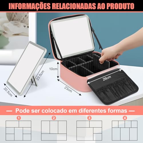 Gavzrt 26 * 23 * 10 cm Bolsa de Maquiagem com Espelho e Luz LED de 3 Cores, Maleta Organizadora Makeup Case Portátil, Bolsa de Maquiagem Grande de Viagem, Organizador de Maquillaje, Carregamento USB