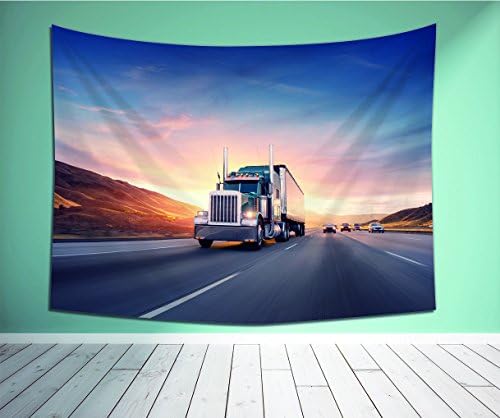 Avamam Tapestry Wall Art American Style Truck On Freeway Pulling Load Transportation Theme Road Cars Theme-S Wall Hanging For Bedroom Living Room Dorm Size-60"Wx40"H