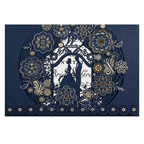 CYSKY Wedding Invitation Card 50 Pack Laser Cut Wedding Invitations Kit with Blank Printable Paper and Envelopes for Wedding, Engagement,Anniversary (Blue)