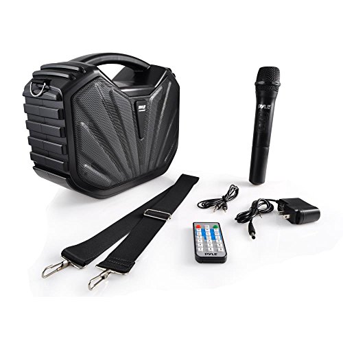 Pyle-Portable-Speaker-karaoke-PA-System-Bluetooth-Flashing-DJ-Lights-Built-in-Rechargeable-Battery-Wireless-Microphone-Recording-Ability-MP3USBSDFM-Radio-PWMA285BT