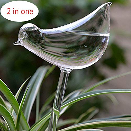 Calunce 2pcs Small Hand Blown Clear Glass Self Watering Aqua Globes (Large Bird)