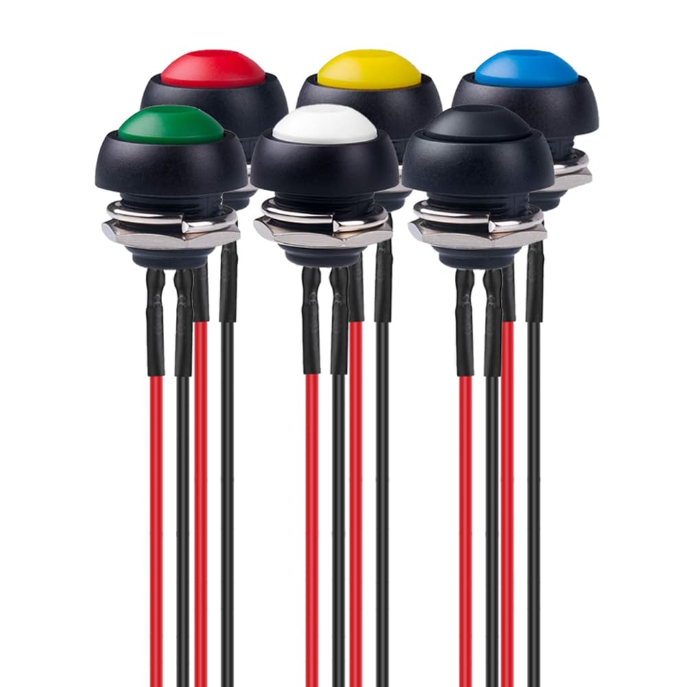 Gebildet 6pcs 12mm 3A/250VAC Prewired Waterproof Momentary Push Button SPST ON/OFF, Lockless Mini Round Button for Car Trumpet, PC, Home Doorbell