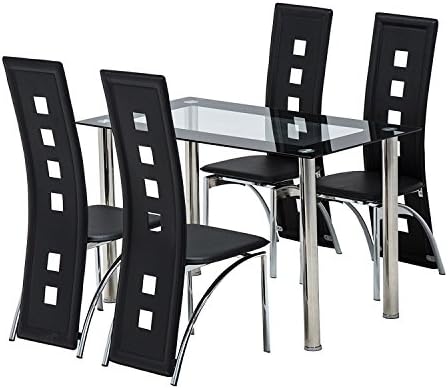 5 Piece Dining Table Set/Glass Top Table and 4 Dining Chairs Kitchen Room Breakfast Furniture (Black Dining Table Set)