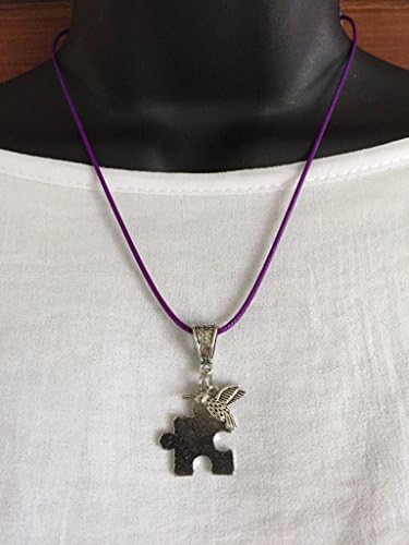 Autism Awareness with Hummingbird Charm Necklace Purple metallic cording Lobster Claw Clasp Handmade