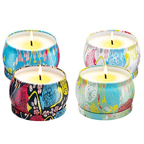 WEYBAY 4 Pack Scented Soy Candles Gift Set with Pure Natural Soy Wax in Decorative Tins | Aromatherapy and Beautiful Small Candles for Home, Office and Travel | Gardenia, Lavender, Jasmine, Vanilla
