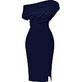 Memoriesea Women's Elegant Off Shoulder Split Hem Bodycon Ruched Midi Club Party Dress