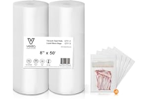V VESTA PRECISION 8" x 50' Vacuum Sealer Rolls, 2 Pack with 5 Liquid Block Bags, Perfect for Food Storage, Sous Vide, and Meal Preparation, Lock Fresh and Nutrients