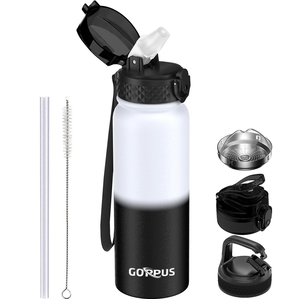 GOPPUS 600ml/20oz Stainless Water Bottle with Straw Double Wall Insulated Bottles with Strap One Hand Open Vacuum Thermal Flask Leakproof Keep Cold Bottles with Flip Top Lid BPA Free (White Black)