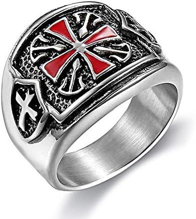 ENHONG Mens Vintage 316L Titanium Stainless Steel Knights Templar Glazed Red Cross Rings Masonic Ring US 7-15 Xmas