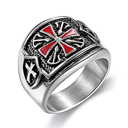 ENHONG Mens Vintage 316L Titanium Stainless Steel Knights Templar Glazed Red Cross Rings Masonic Ring US 7-15 Xmas