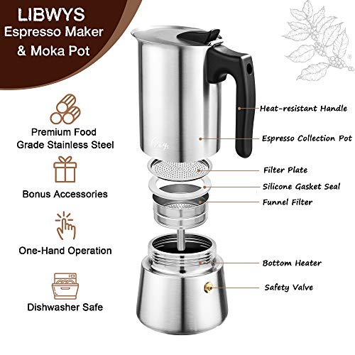 Espressokocher Induktion geeignet Edelstahl Mokkakanne 300ml/ 6 Tassen Espresso Maker Set mit Ersatz-Dichtung Untersetzer Löffel Bürste und Tasche – Bild 4