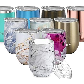 Stainless Steel Stemless Wine Tumbler - THILY 12 oz Triple-Insulated Stemless Glass with Lid and Straw, Durable Reusable Travel Coffee Cup, Keep Hot or Cold for Wine, Coffee, Beer, Juice, White Marble