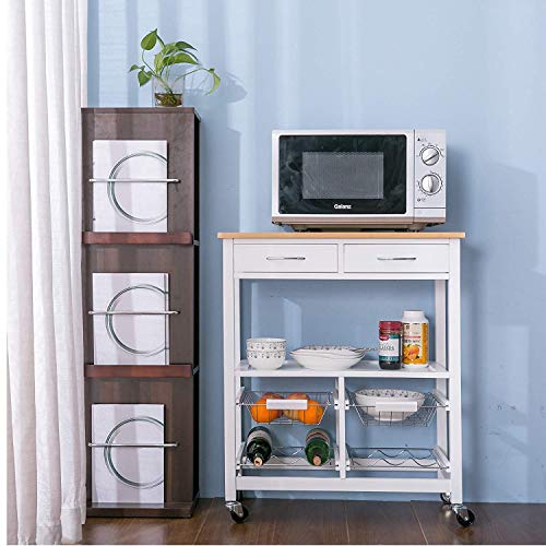 Kitchen Cart Island On Wheels,JULYFOX Kitchen Trolley Microwave Cart with Storage Drawers Shelves Red Wine Rack Solid Wood Breakfast Cart 33 inches Tall Bar Table for Small Spaces White and Oak