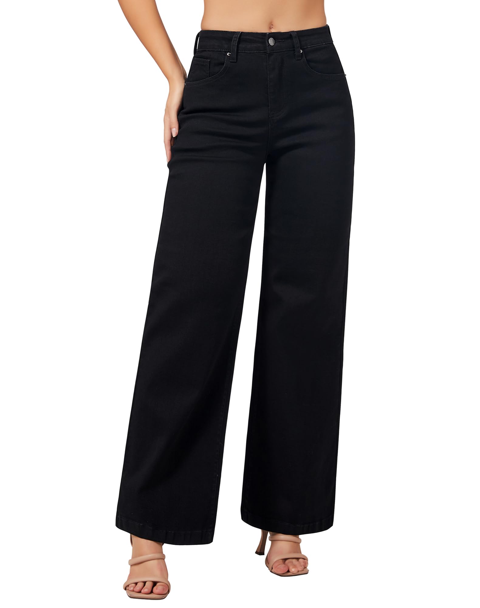 Photo 1 of roswear Women's Wide Leg Jeans High Waisted Stretchy Denim Trouser Pants Black Medium