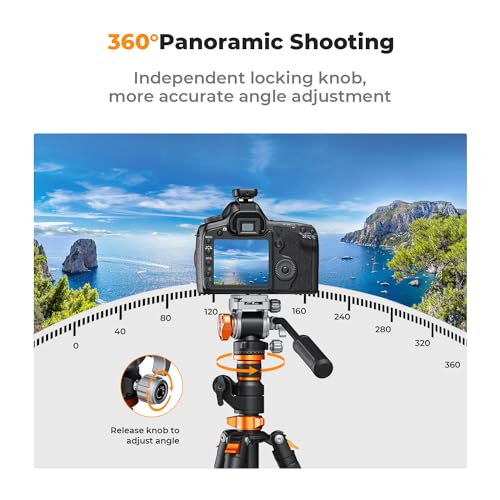 K&F CONCEPT Tripod Fluid Head with Flexible 360° Pan & +90°/-90° Tilt, Arca Swiss Metal QR-Plate with 1/4" Screw, Bottom 1/4"+3/8" Thread Hole, Load Capacity 11lbs/5kg