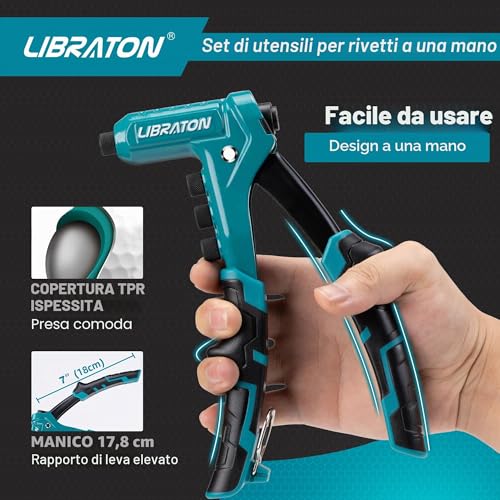 LIBRATON Hand Riveter Professional Riveter Gun with 200 Aluminum Rivets, Includes 4 Drill Bits, 4 Rivet Heads Without Tools (2.4mm, 3.2mm, 4mm, 4.8mm)