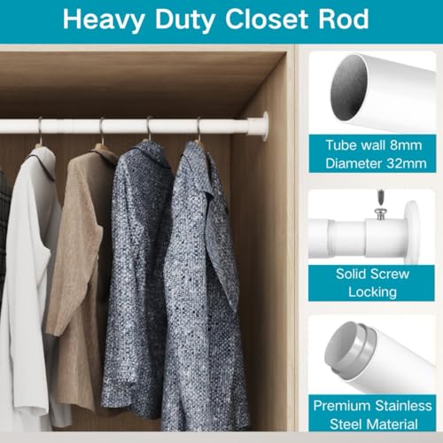 Wardrobe Rail, Heavy Duty Clothes Rod with End Sockets, Adjustable Hanging Rails for Clothes, Wardrobe and Bathroom, 68-90CM/Diameter 32MM, Black