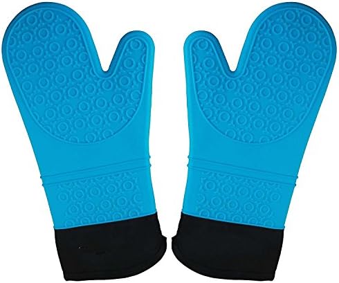 Silicone Oven Mitt, Houtemy 2 Pieces Extra Long Kitchen Cooking Gloves with Qualited Cotton Lining for Bakers and Chefs Baking Grilling BBQ - XL - Blue - 1 Pair