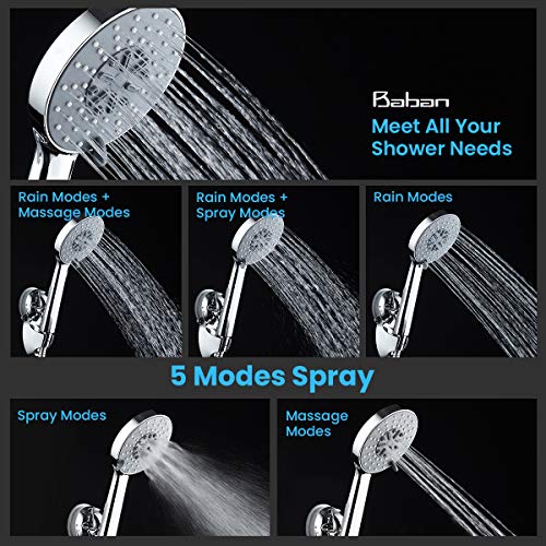 Shower Head Combo, Baban 9" Adjustable High Pressure Rainfall Showerhead & 5 Settings Handheld Shower Head Combo with Strong Suction Cup Holder/ 3-Way Water Diverter/ 1.5M Stainless Steel Hose