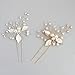 Bridal Hair Pin Stick with Hand-Painted Silver Leaves, Freshwater Pearl and Crystal Sprays also for Bridesmaids 2-Pack (Silvery)