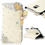 Mavis's Diary 3D Handmade Bling Crystal LOVE Heart Pendant Rhinestone Diamond Flowers PU Leather Wallet Type with Magnetic Clasp Case Cover for Samsung Galaxy S5 with Soft Clean Cloth - White