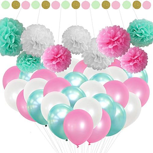 Pastel Balloons and Pom Poms Party Decoration Supplies Kit; Mint, Pink, and White with Polkadot Garland - For Girls 1st Birthday, Baby Shower Diaper and Reveal, Mermaid, Unicorn, and Elephant Themes