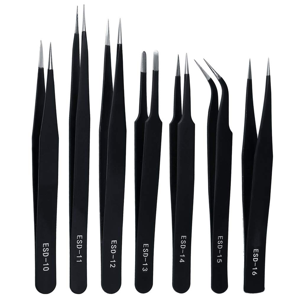 ZHIYE Precision ESD Anti-Static Tweezers, 7 pcs Stainless Steel Tweezers Set for Electronics, Jewelry-Making, Laboratory Work, Repairing, Hobbies