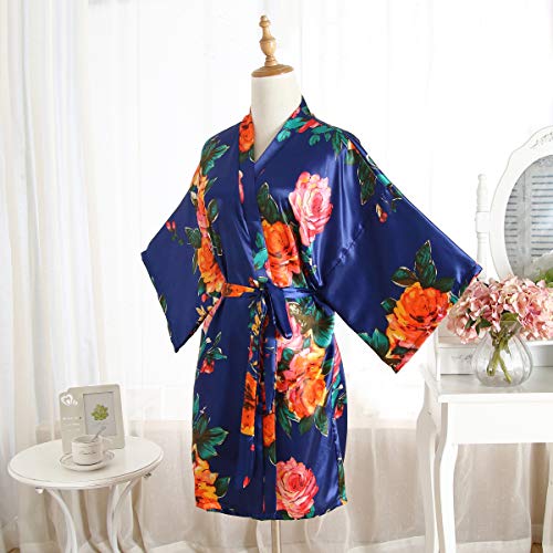 Peony Floral Silk Kimono Robe Bridal Bridesmaid Robes Dressing Gown for Women Navy Blue