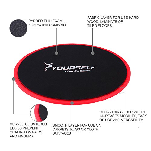 SYOURSELF Gliding Discs Core Sliders and 5 Exercise Resistance Bands Gliding-Dual Sided Fitness Trainer Equipment for Abdominal,Strengthen, Gym,Travel,Carpet,Hard Floors+Fitness Chart+Gift Bag(Red)
