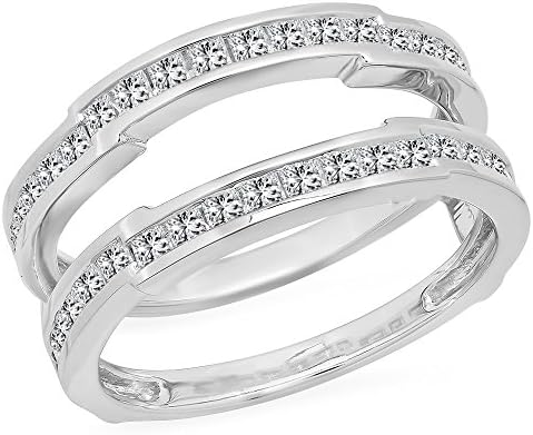 dazzlingjewelrycollection 1.15 Carat (Ctw) 14K White Gold Over Sterling Silver Princess Cut White Diamond Ladies Anniversary Wedding Band Enhancer Guard Double Ring 1 1/4 CT