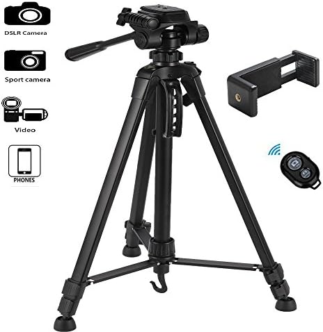 Tiitarn Portable Camera Tripod, 55" Lightweight Aluminum Tripod Adjustable Rotatable Retractable Camera Tripod With Level Instrument And Carry Bag + Free Phone Holder &amp; Wireless Remote