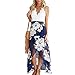 FANCYINN Women Lace Patchwork Floral Chiffon Dress Backless Summer Beach Irregular Maxi Dress with Belt Blue XL