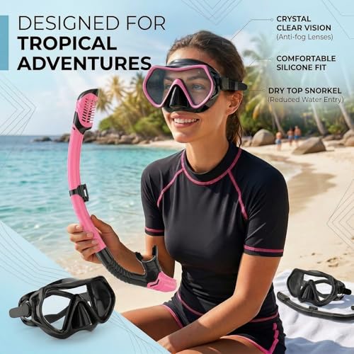 Snorkeling Gear for Adults, JRing Snorkel Mask Set with 180 Degree Tempered Glass Anti Fog Goggles Scuba Dry Top Snorkel for Swimming, Scuba Diving Mask for Men Women