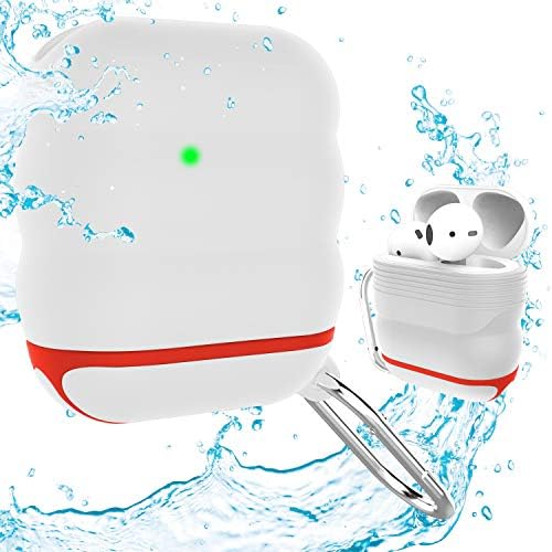 FONY Apple Airpods Case Cover Accessories Kits for AirPods 2 & 1 Charging Case - Waterproof Shock Resistant Protective Silicone Cover Skin with Carabiner (Red-White)