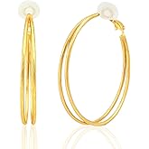 FAN&LOUIS Clip On Hoop Earrings Women,24K Gold Plated Double Large Hoops Thin Clip-on for Non-Pierced Ears Trendy Lightweight Gifts for Women 38mm