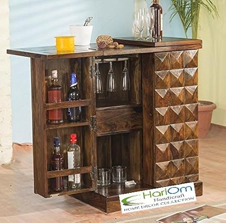 Hariom Handicraft Pre-Assemble Sheesham Wood Stylish Bar Cabinet / Wine Rack With Wine Glass Storage - Living Room Furniture