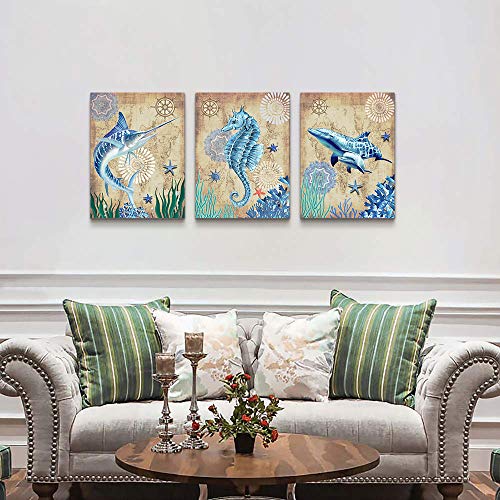 blue Ocean Theme hippocampus Sword shark fish Canvas Wall Art For