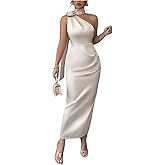 Floerns Women's 3D Floral One Shoulder Maxi Dress Bodycon Satin Wedding Guest Dresses with Scarf