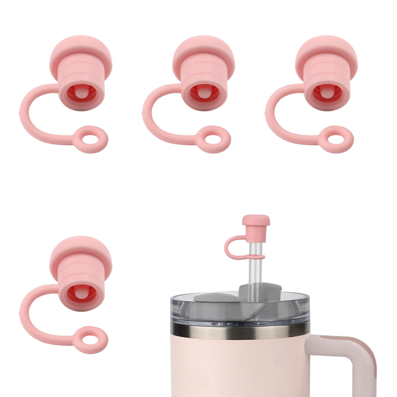 4pcs Straw Covers, Reusable Silicone Straw Cap Spill Proof Dust Resistant Straw Toppers 6-10mm in Diameter Simple Straw Protector for Stanley Cup (Pink)