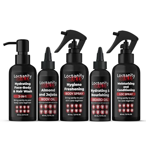 Locsanity Organic Men’s Hair & Beard Care Travel Kit - 3-in-1 Body Wash, Body Oil, Beard Oil, Body Spray, Loc Moisturizer for Moisturizing, Refreshing, and Smooth Skin & Hair