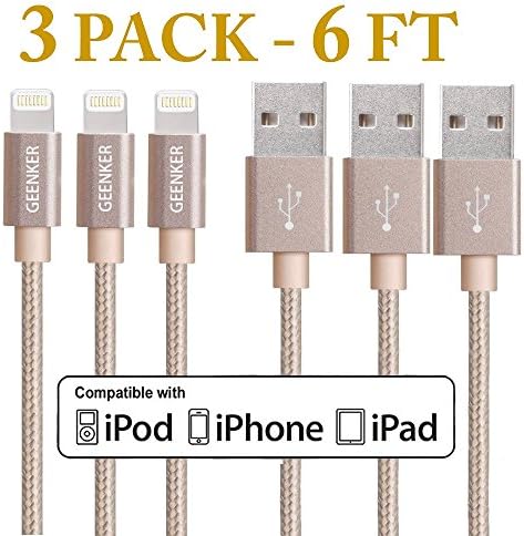 Lightning Cable, GEENKER 3Pack 6FT 8Pin Nylon Braided Extremely Extra Long Charging Cable USB Cord for iphone 7/7 plus, 6s, 6s plus, 6plus, 6,SE,5s 5c 5,iPad Mini, Air,iPad5,iPod on iOS9.- Gold