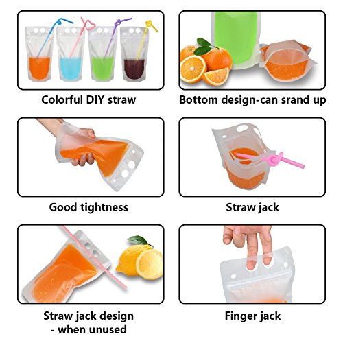 100 Pcs Zipper Plastic Pouches Drink Bags,Heavy Duty Hand-Held Translucent Frosted Reclosable Stand-up Bag 2.4" Bottom Gusset with 100pcs Straws & Funnel Included