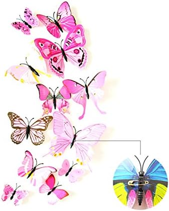 3D Butterfly Wall Sticker Crafts Butterflies with Magnetic、Sponge Gum and Pin Pack of 12 (Pink-Pin)